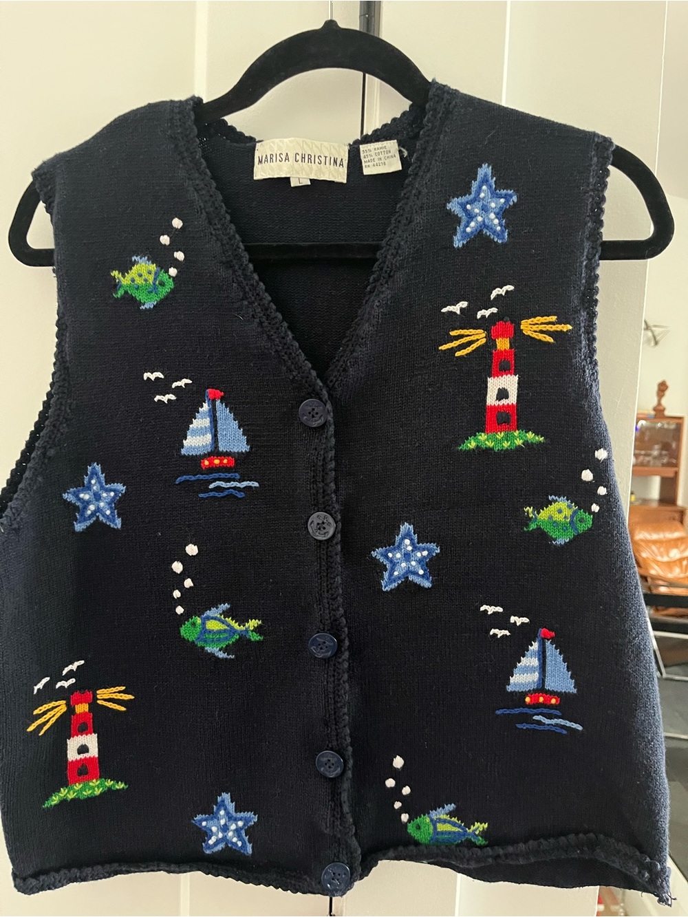 Vtg Marisa Christina Navy Nautical Embroidered L granny whimsy cottagecore fish